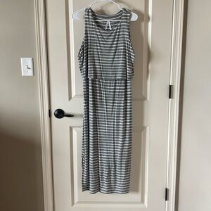 Grey Stripe Maternity & Nursing Midi Dress